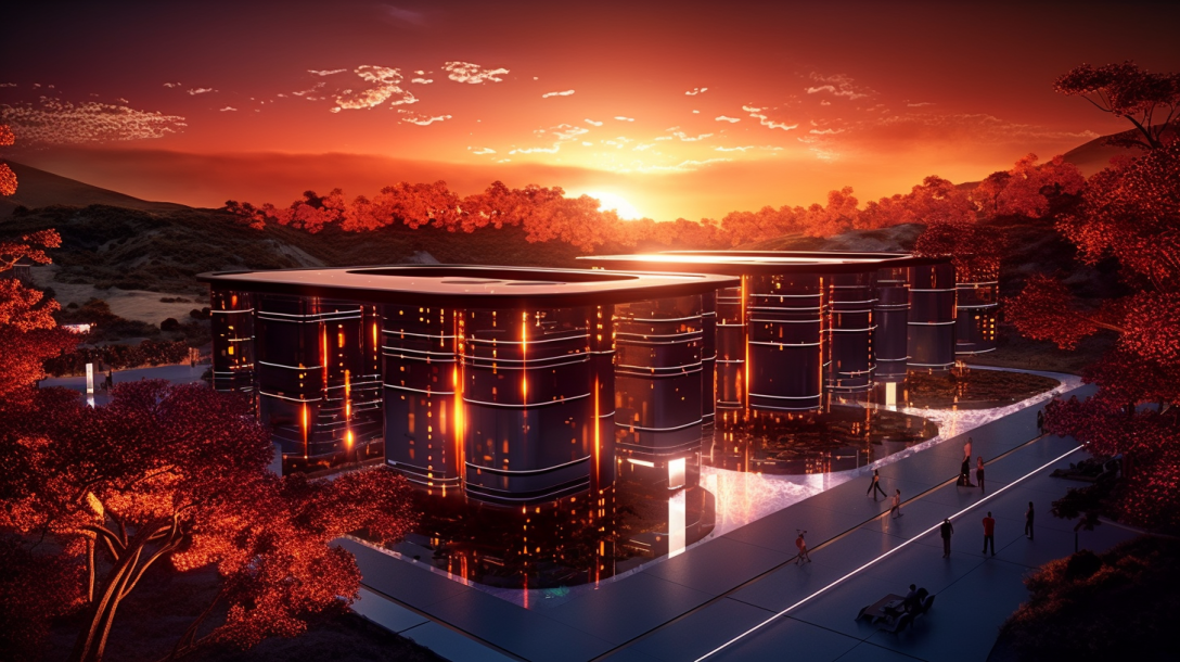 A futuristic data center, surrounded by nature