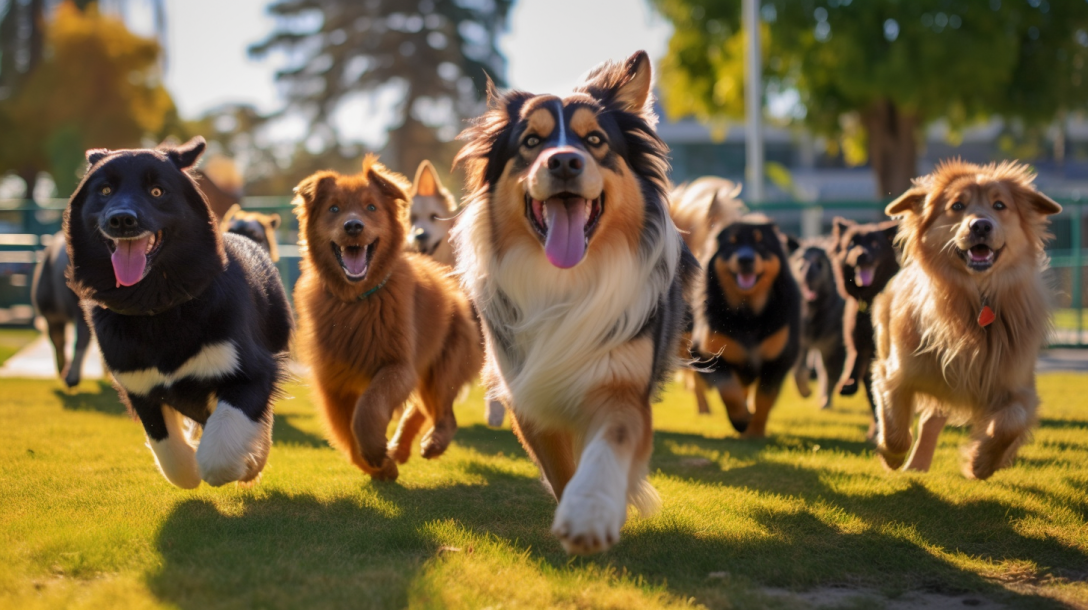 A pack of dogs running playfully