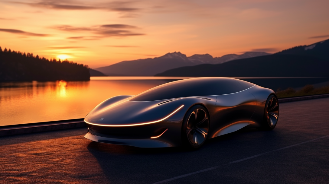A futuristic car in the sunset