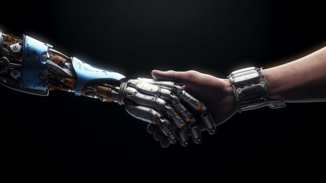 A handshake between a robot and a human hand