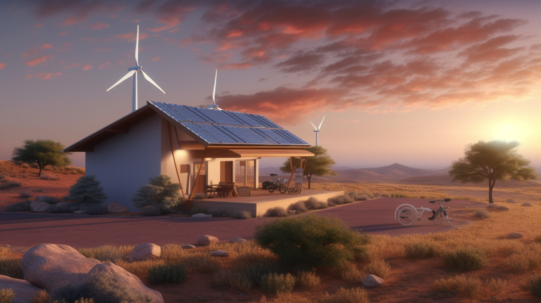 An off-grid house equipped with solar panels and wind turbines